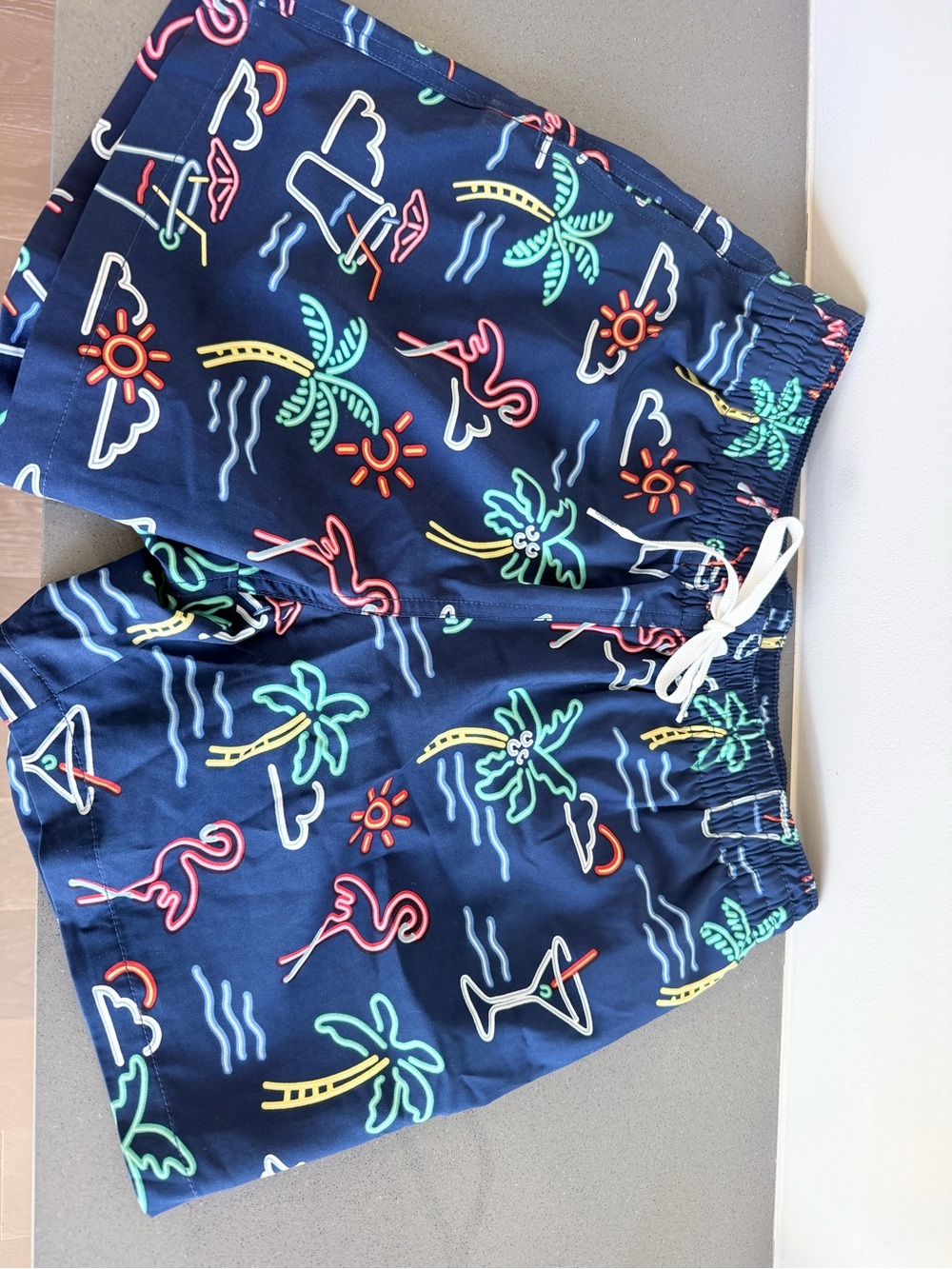 chubbies Navy Swim Shorts with Neon Palm & Flamingo Print